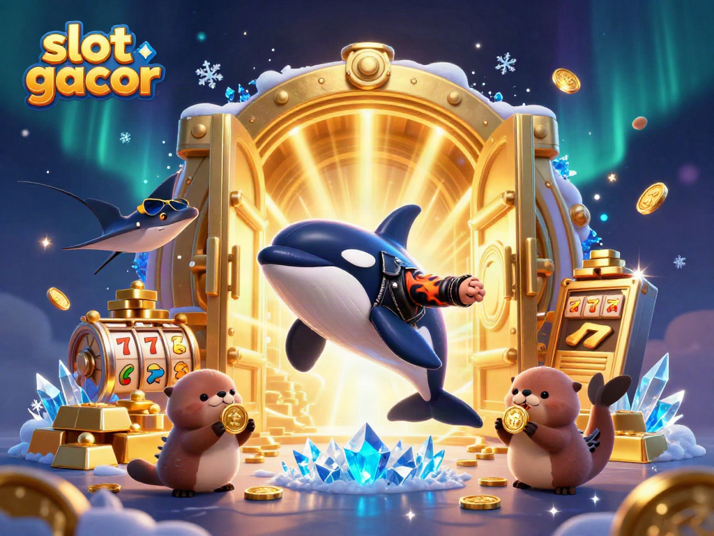 Experience fortune with slot gacor symbols and playful sea creatures in this vibrant 3D illustration.