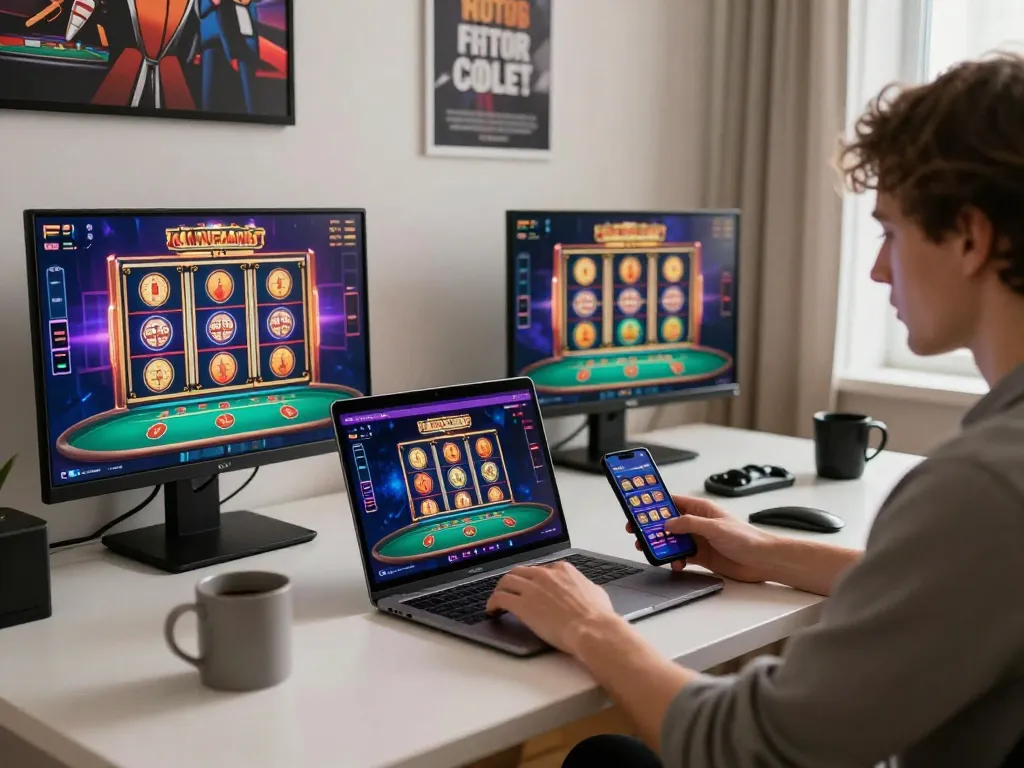 Player strategizing on f168 platform with a laptop and smartphone in cozy home setting