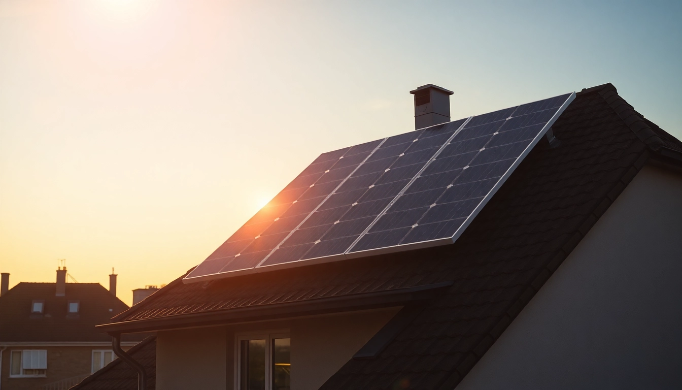 Photovoltaikanlage kaufen Montage inklusive - moderne Solarmodule auf einem Dach im Sonnenuntergang, die nachhaltige Energie symbolisieren.