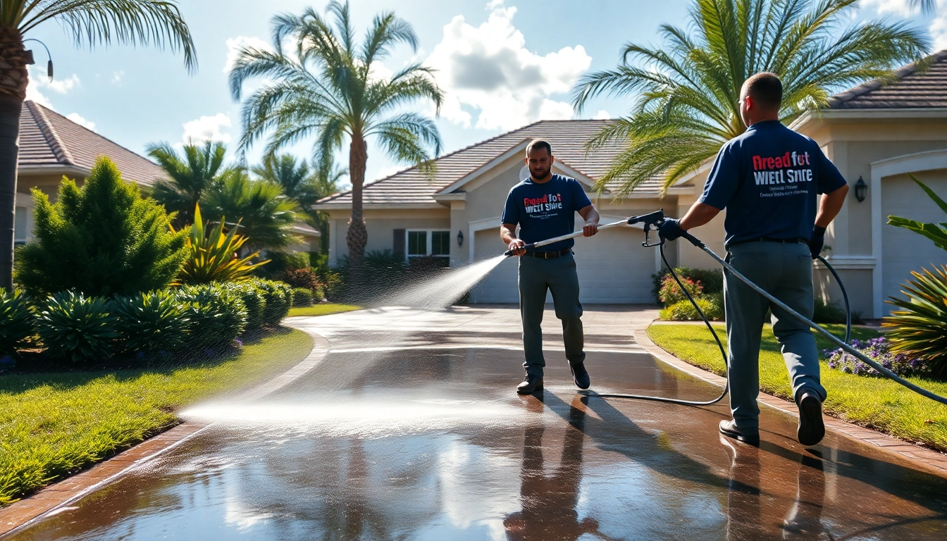 Driveway pressure wash service in Kissimmee, FL, showcasing a professional team cleaning a residential driveway.