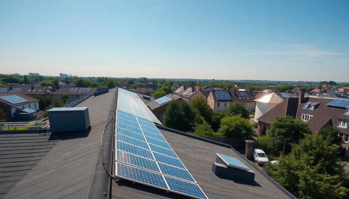 Visualisierung von Solar-Investment auf gepachteten Dachflächen mit Solarpanels auf urbanen Dächern.
