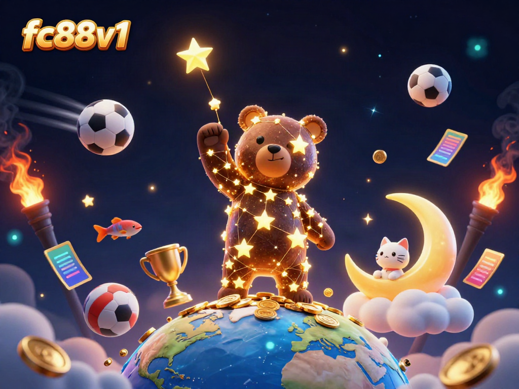 Engage with fc88v1 in a vibrant scene of a constellation bear gathering coins while sports elements fly around.
