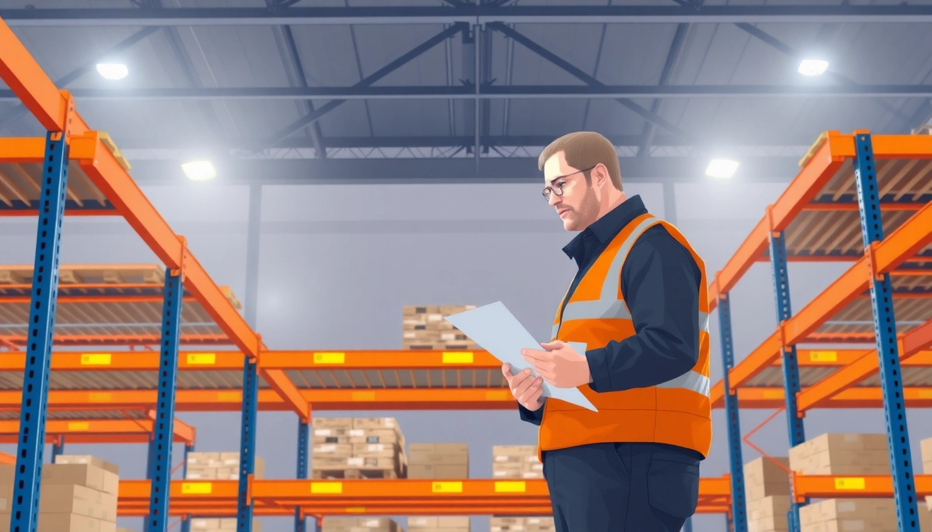 Inspecting Regalinspektion for safety compliance in commercial pallet racking systems.