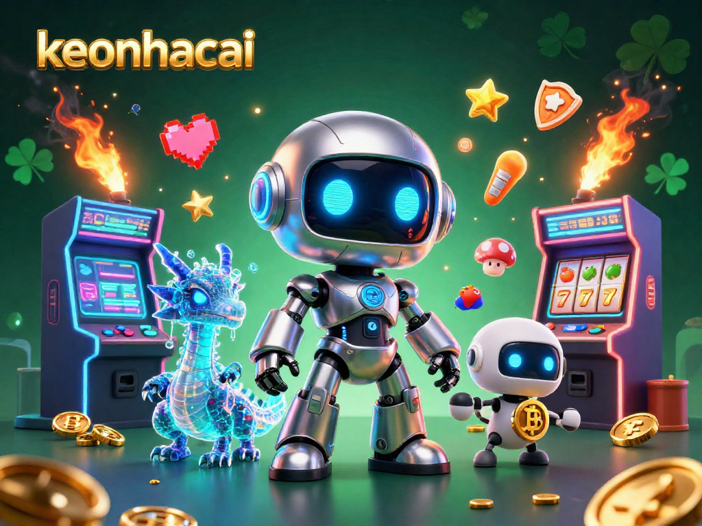 Engage with keonhacai's vibrant cyberpunk casino scene showcasing a robot and dragon, brimming with game energy.