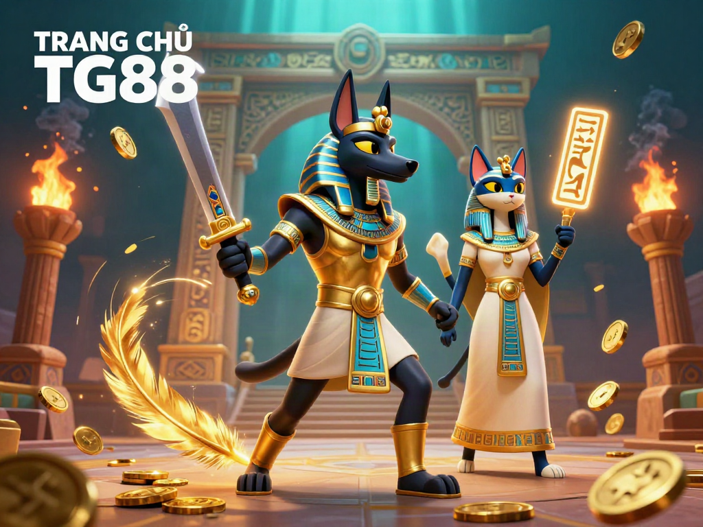 Experience the thrill of TRANG CHỦ TG88 with an epic showdown between Anubis and Bastet, surrounded by gold coins and hieroglyphs.