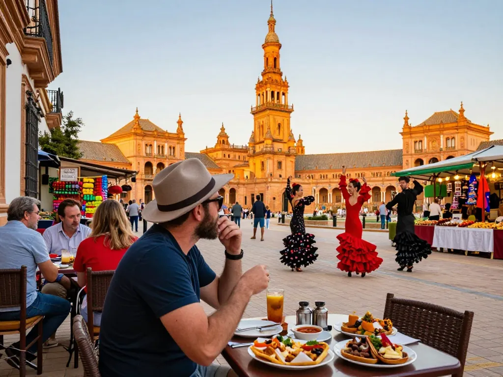 Reisetipps Sevilla: Reisender genießt Tapas und Flamenco in den lebhaften Straßen Sevillas.