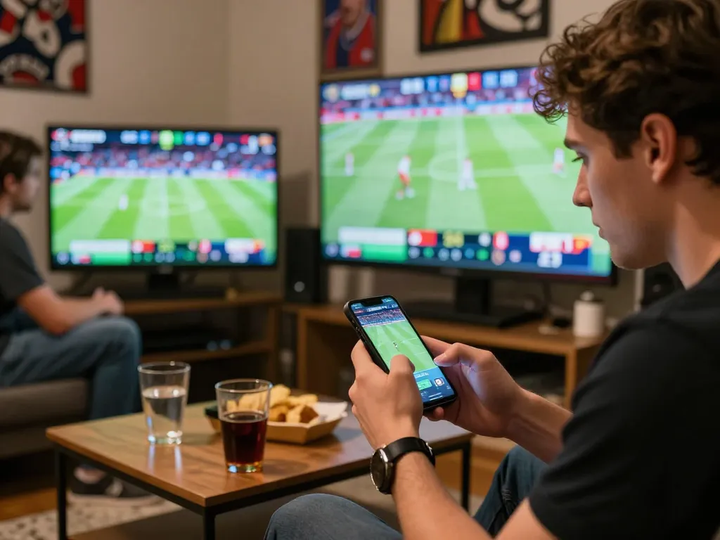 Place bets on ผลการแข่งขันฟุตบอล using a smartphone in an engaging sports betting scene