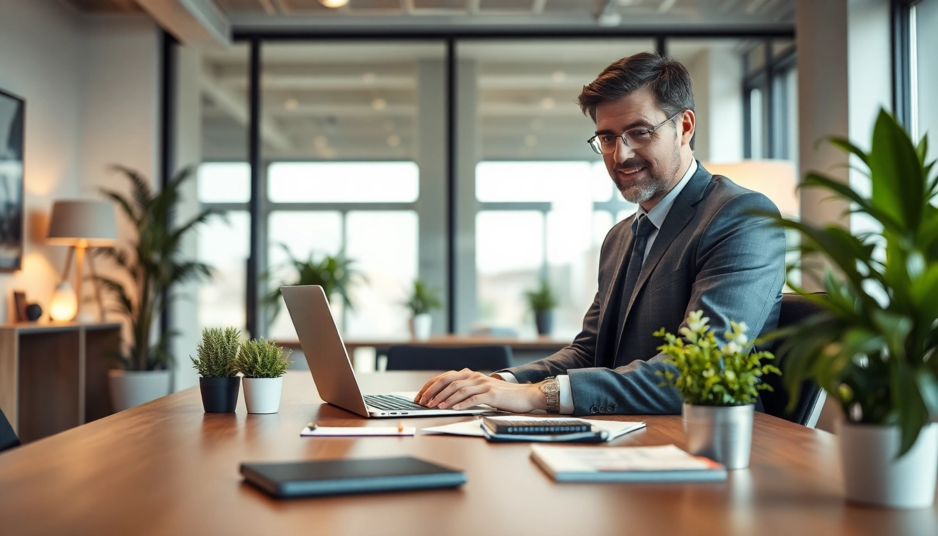 Headhunter Hannover in einem modernen Büro, geschäftige Atmosphäre mit Laptop und Pflanzen.