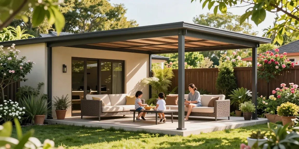 Freistehende Terrassenüberdachung im Garten mit Familie bei Sonnenschein
