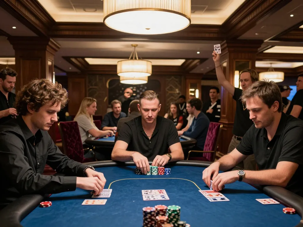Professional poker game at 78winvina with players engaged and chips stacked visibly