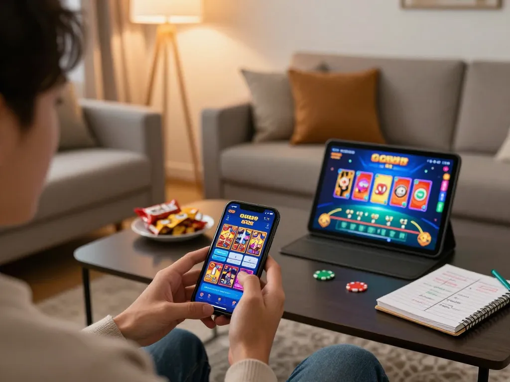 Enthusiastic player engaging with the GG88 mobile casino app in a cozy home setting.