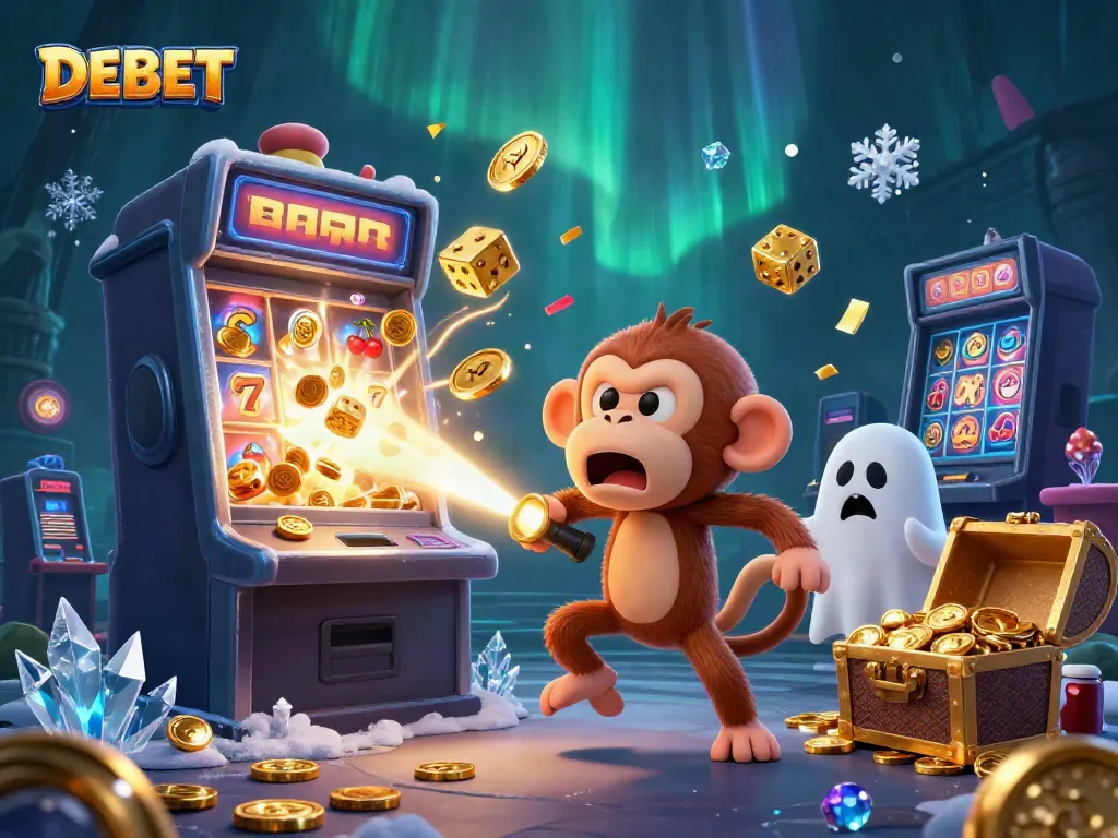 Experience exciting gameplay at DEBET with a scene featuring a poltergeist monkey and a ghost-hunter puppy in a vibrant casino.