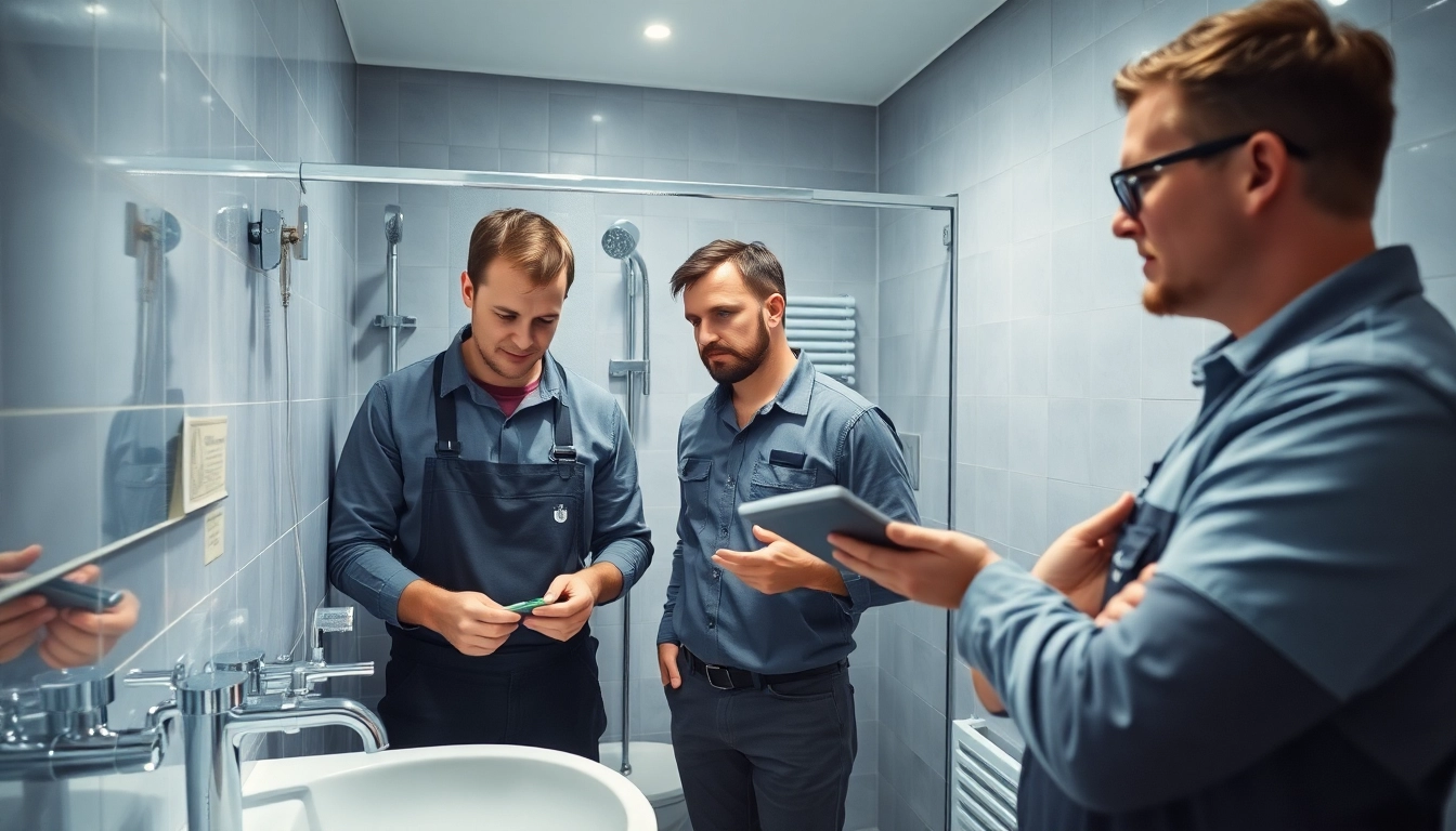 Installateur Notdienst-Team hilft bei Wasserleitungen in einem modernen Badezimmer.
