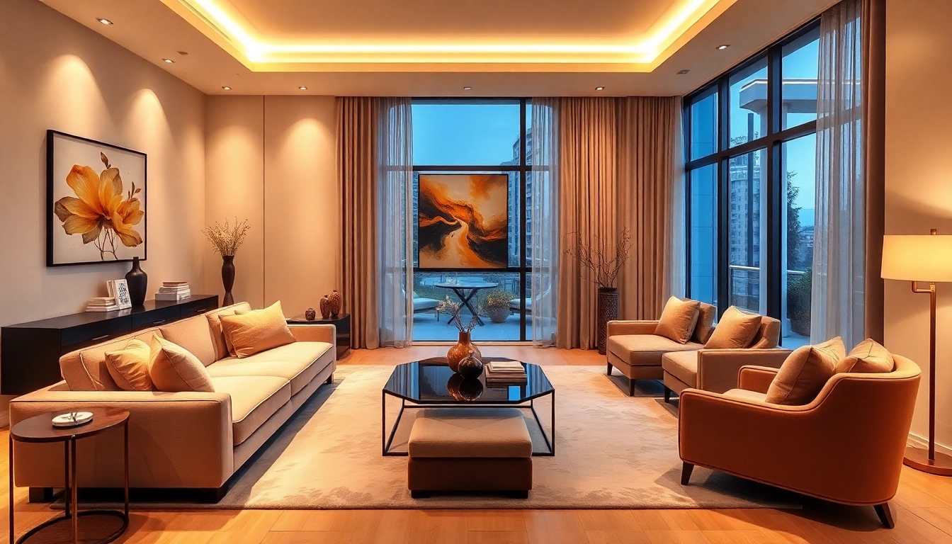 Luxury living room showcasing elegant furniture and warm lighting for a cozy atmosphere.