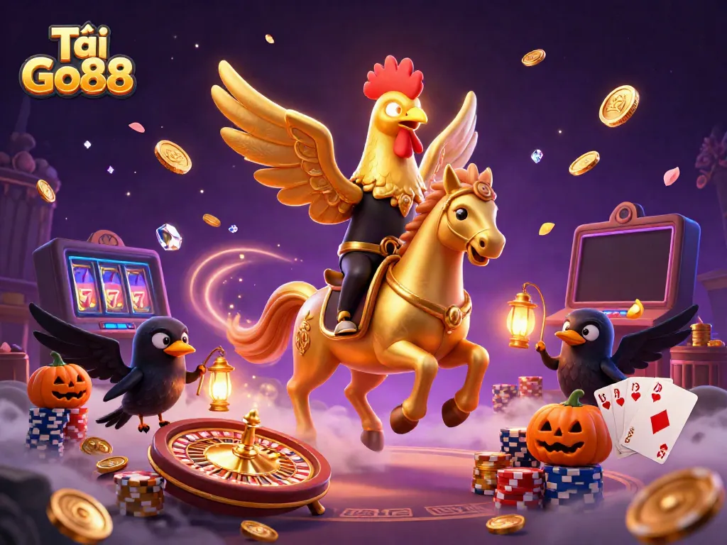 Experience the excitement with Tải Go88 featuring a golden rooster riding through a vivid casino scene.