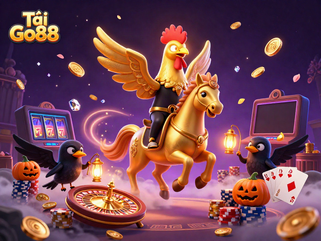 Experience the excitement with Tải Go88 featuring a golden rooster riding through a vivid casino scene.