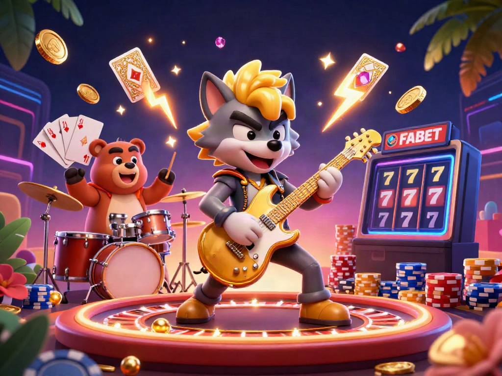 Experience the thrill of Fabet with a vibrant casino scene featuring a rock star wolf and drummer bear amidst dynamic gaming elements.