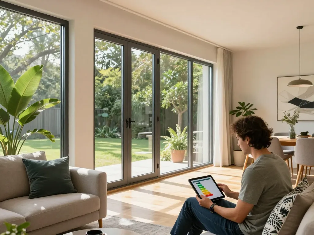 Moderne Wohnstube mit fenster schüco Fenstern, die Energieeffizienz und modernes Design präsentieren.