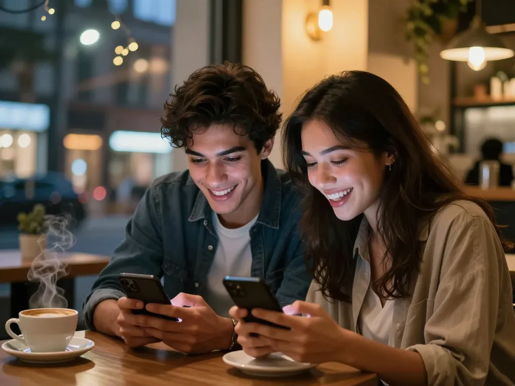 Engaged couple flirtatiously sexting AI on smartphones in a cozy café, emphasizing modern romance.