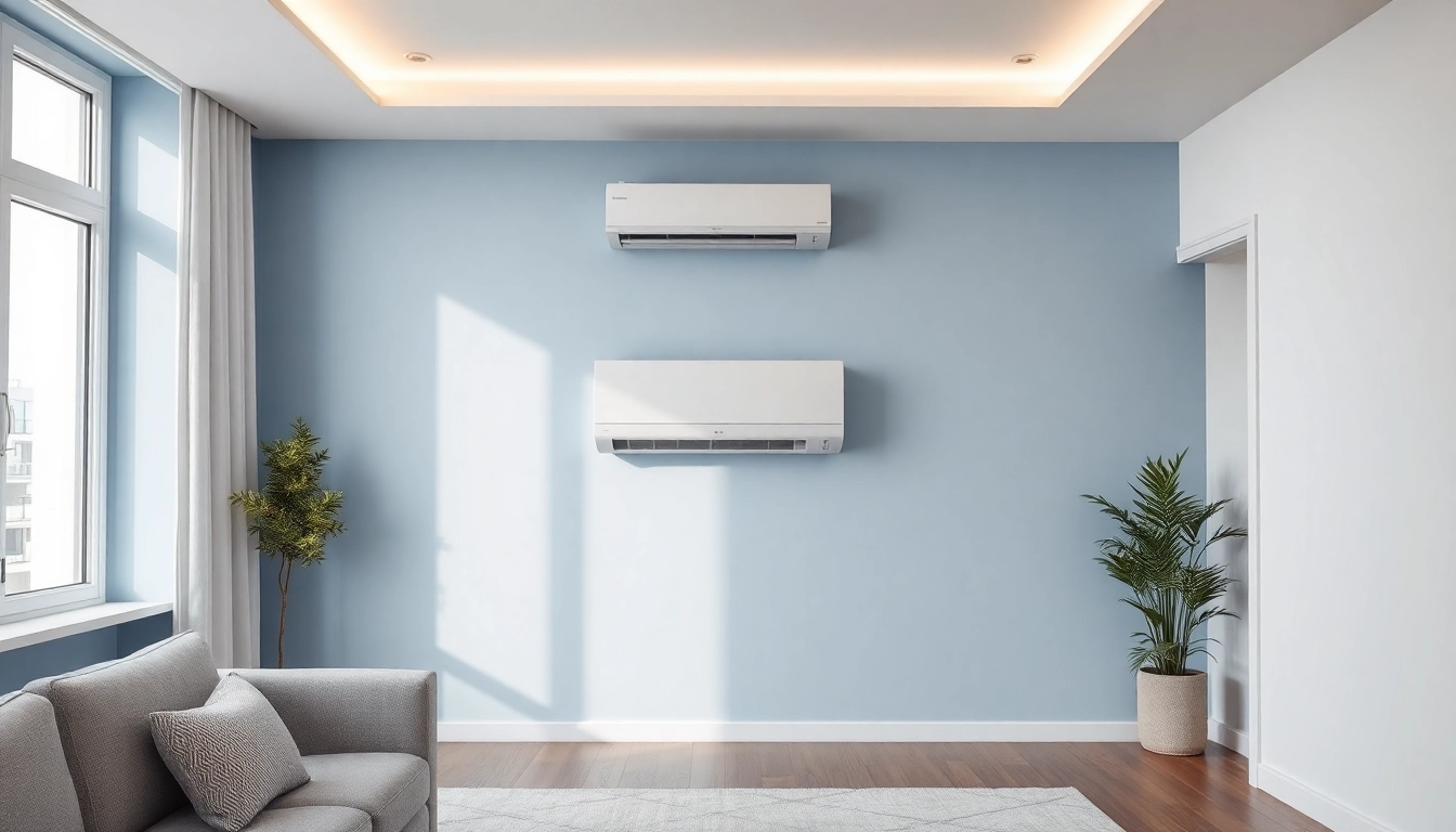Klimaanlagen kaufen: Stilvolle und moderne Klimaanlage in einem hellen Raum mit eleganter Innengestaltung präsentieren.