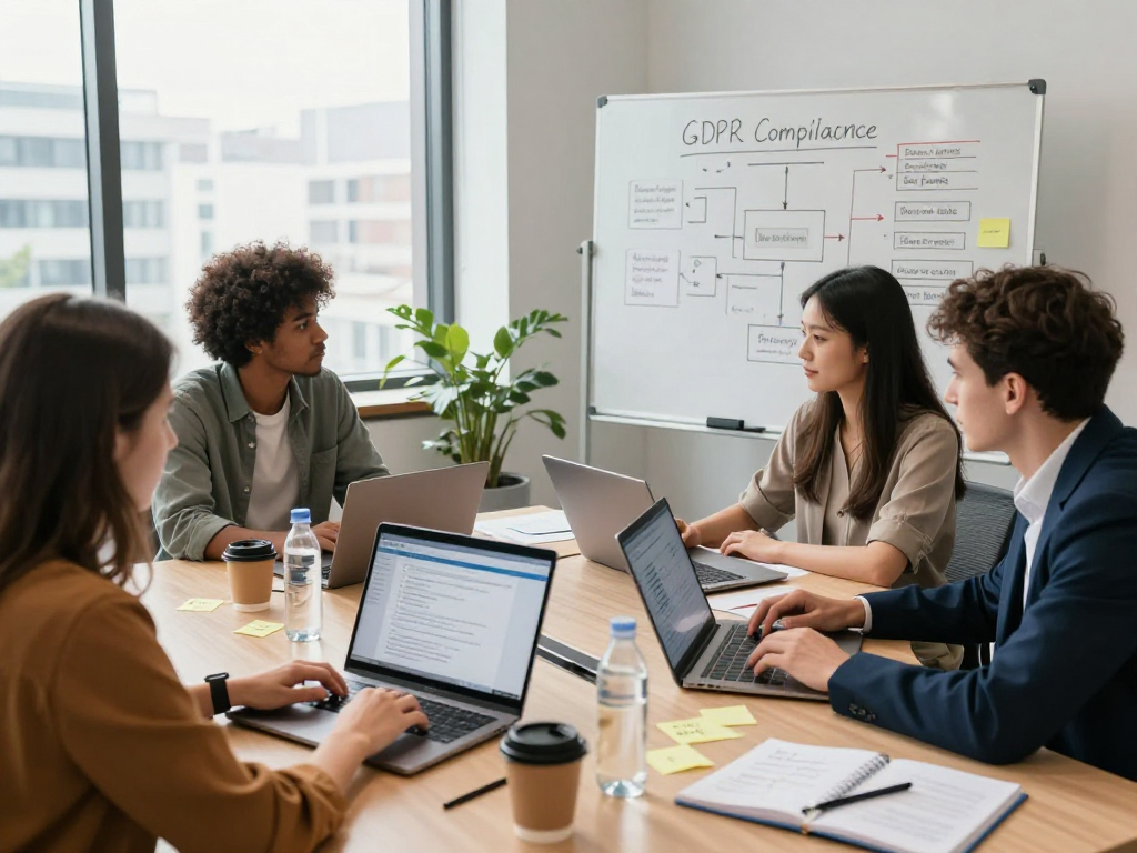 Wissen / Blog-Hub team collaborating on GDPR compliance in a modern office