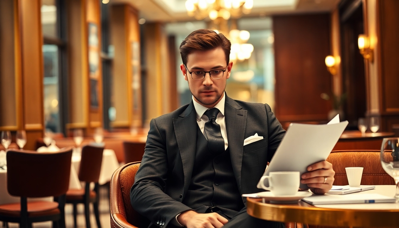 Headhunter Gastronomie - Ein professioneller Headhunter überprüft Bewerbungsunterlagen in einem eleganten Restaurant.