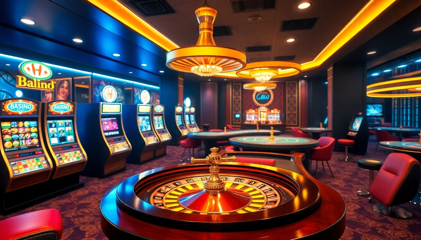 Ein aufregendes Blick auf Online Casino Österreich mit farbenfrohen Spielautomaten und elegantem Roulette.