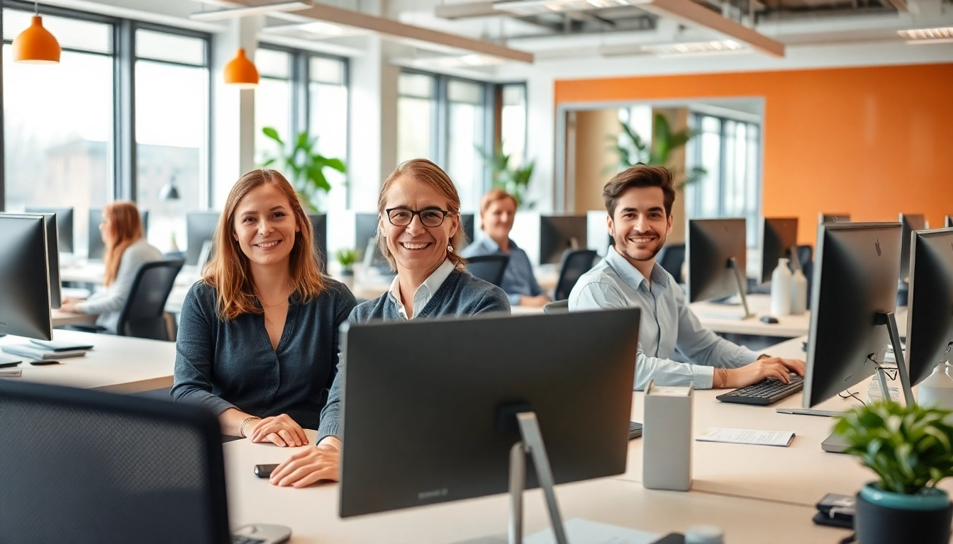 Angestellte im Büro betrachten Stellenangebote, während sie an ihren Computern arbeiten.