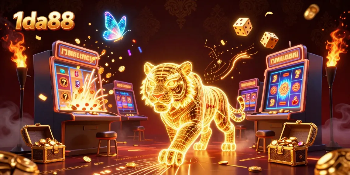 Experience the thrill of 1da88 with an energetic casino scene featuring a golden tiger and dazzling game elements.