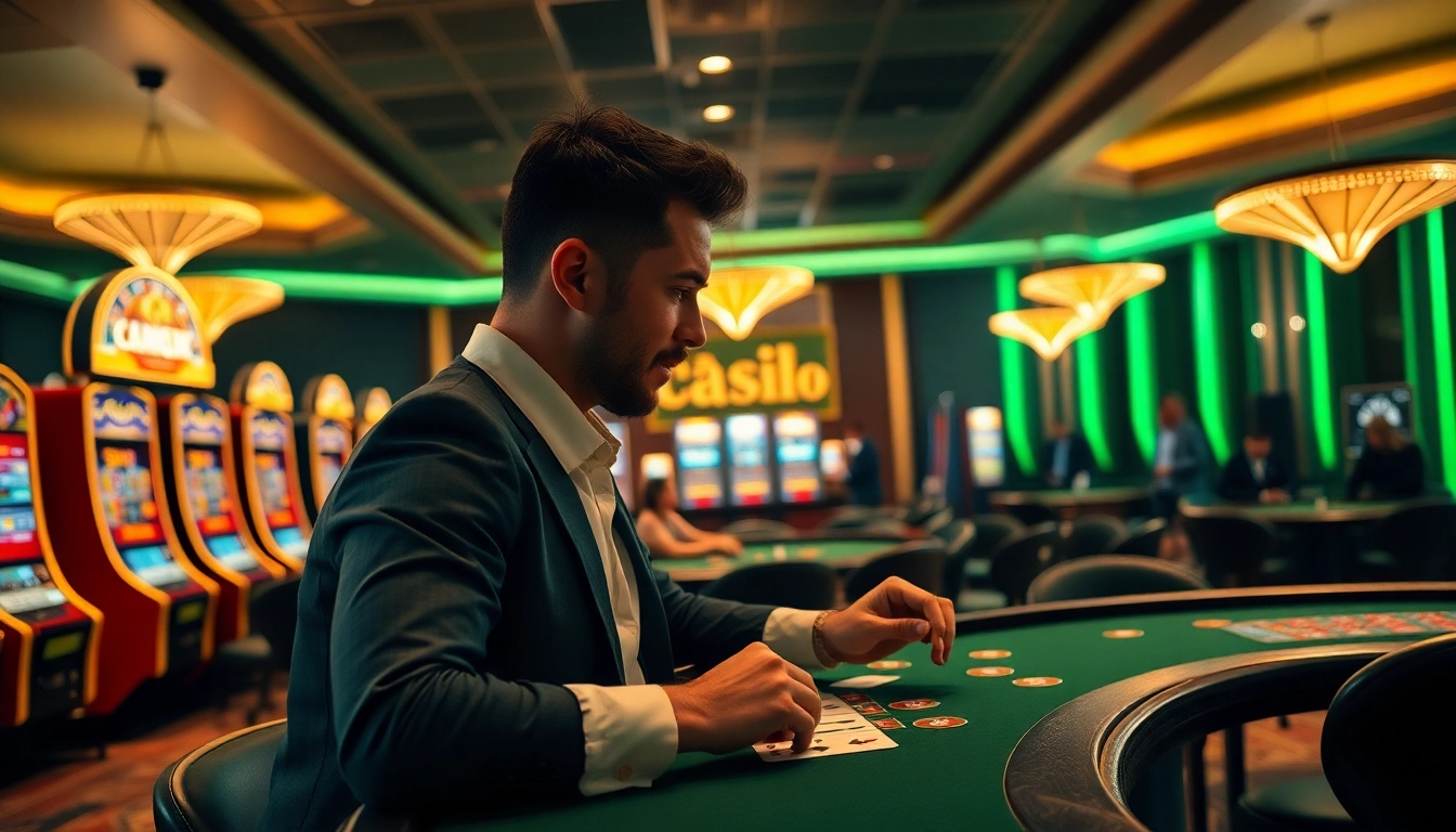 Online-Casino Schweiz zeigt lebendige Spielautomaten und elegantes Spielambiente - Spieler genießt die Atmosphäre.