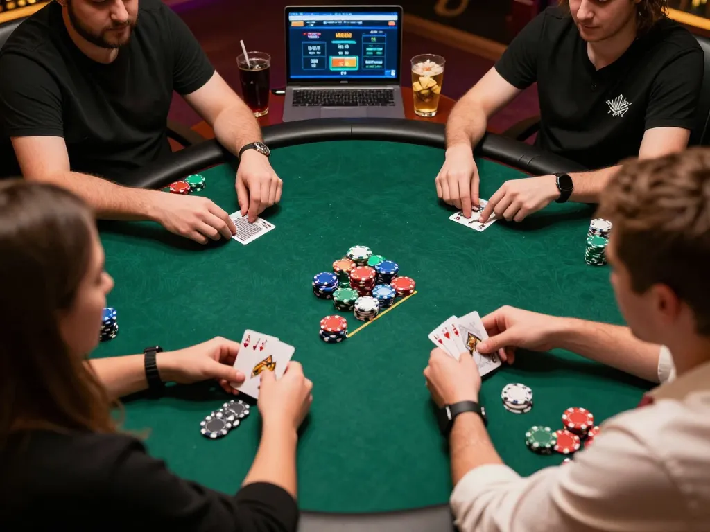 Engaging online poker scene with players strategizing their bets on mb668 platform, vibrant atmosphere and focused gameplay.