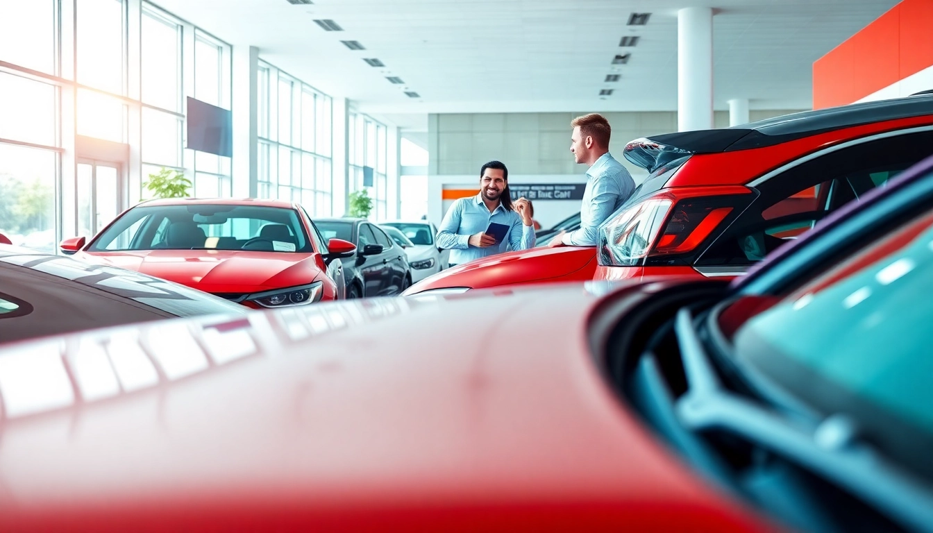 Auto kaufen in einer hellen Autohandlung mit verschiedenen Fahrzeugen im Vordergrund.