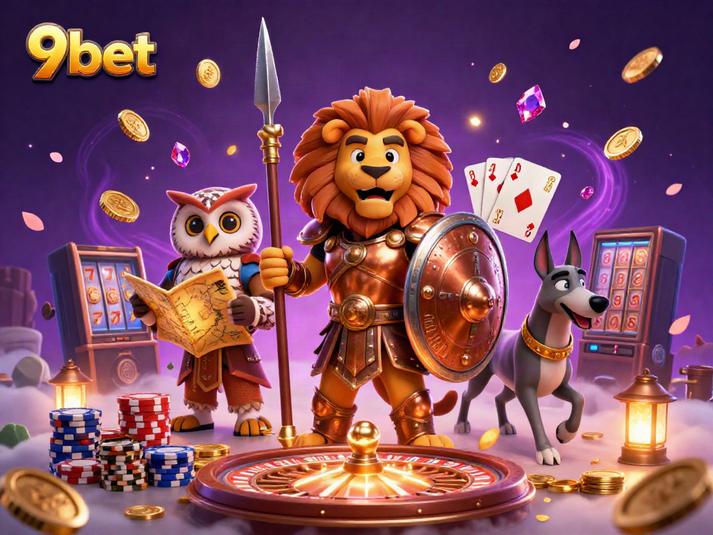 Engage with the thrilling games at 9bet through a vibrant casino scene featuring a Spartan lion, tactical owl, and swift greyhound.
