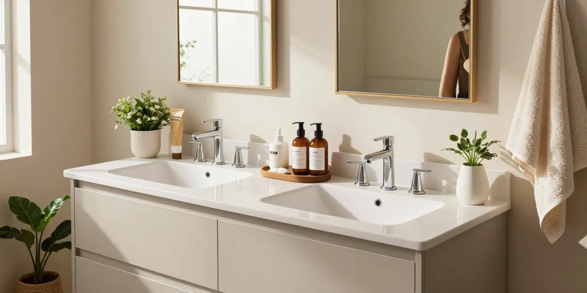 Elegante badkamermeubel 2 waskommen opstelling in een stijlvolle thuisbadkamer, die modern design en een uitnodigende sfeer toont.