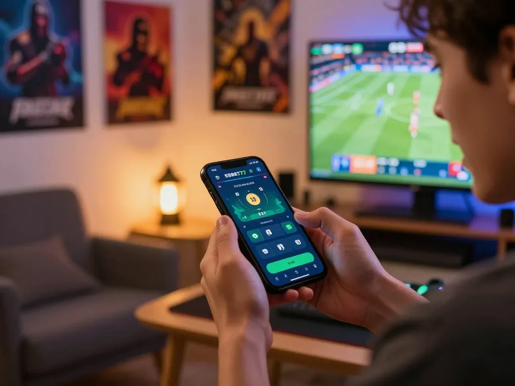Engaging in real-time betting on the SSBET77 app from a stylish home setup, showcasing excitement.
