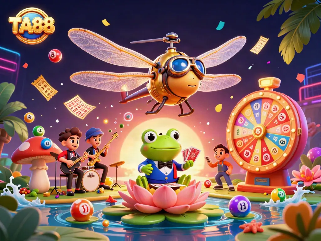 Engage with TA88's vibrant casino scene featuring a helicopter pilot and frog dealer amidst lottery and gaming excitement.