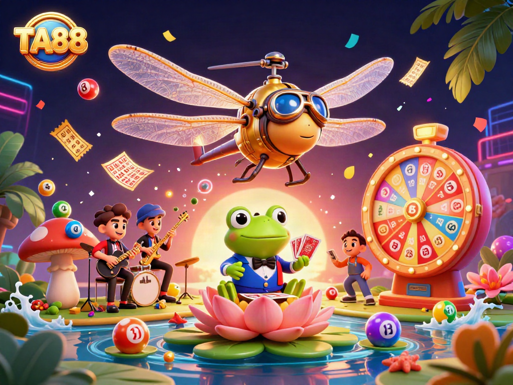 Engage with TA88's vibrant casino scene featuring a helicopter pilot and frog dealer amidst lottery and gaming excitement.