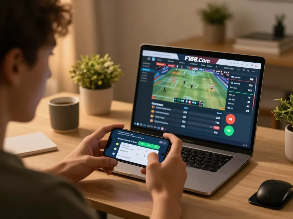 Person engaging in sports betting on F168.com with smartphone, showcasing a lively home gaming atmosphere.