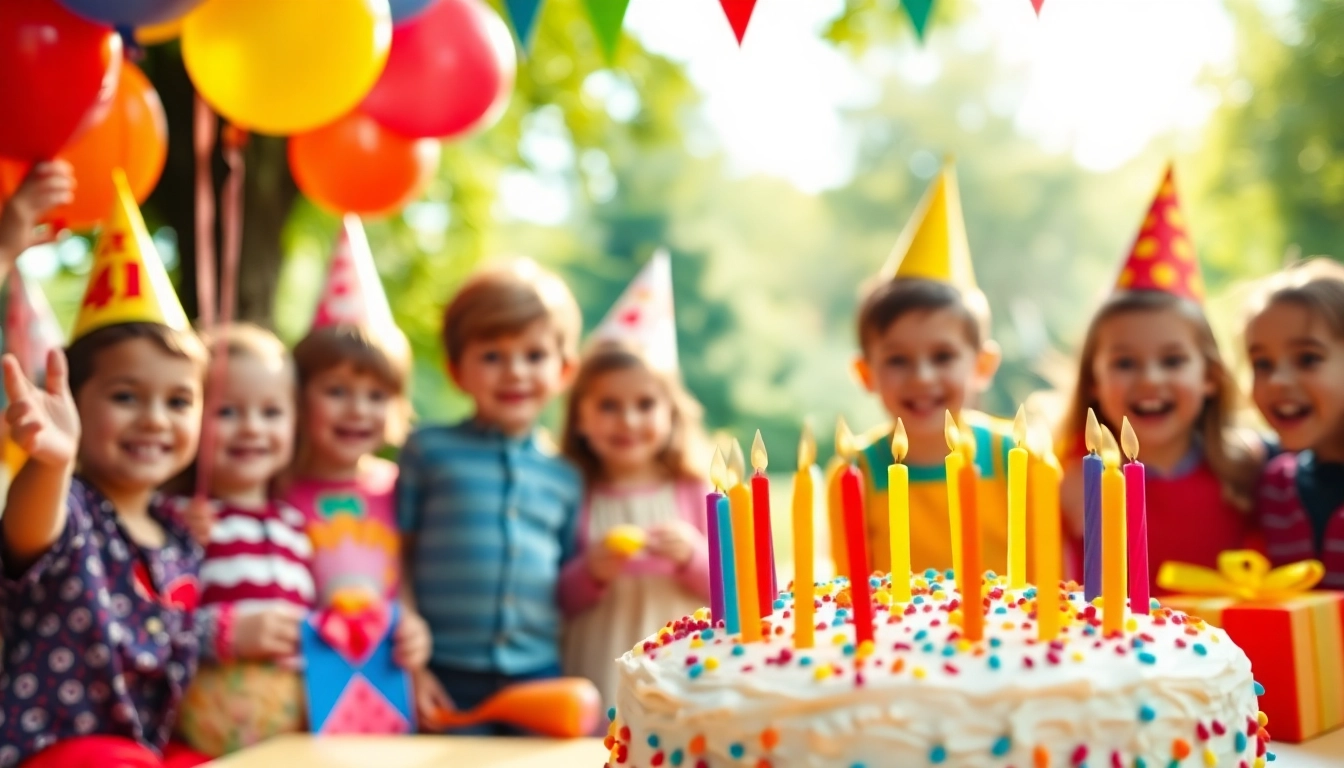 Kindergeburtstag 4 Jahre mit bunten Ballons und fröhlichen Kindern bei Spielen und Kuchen feiern.