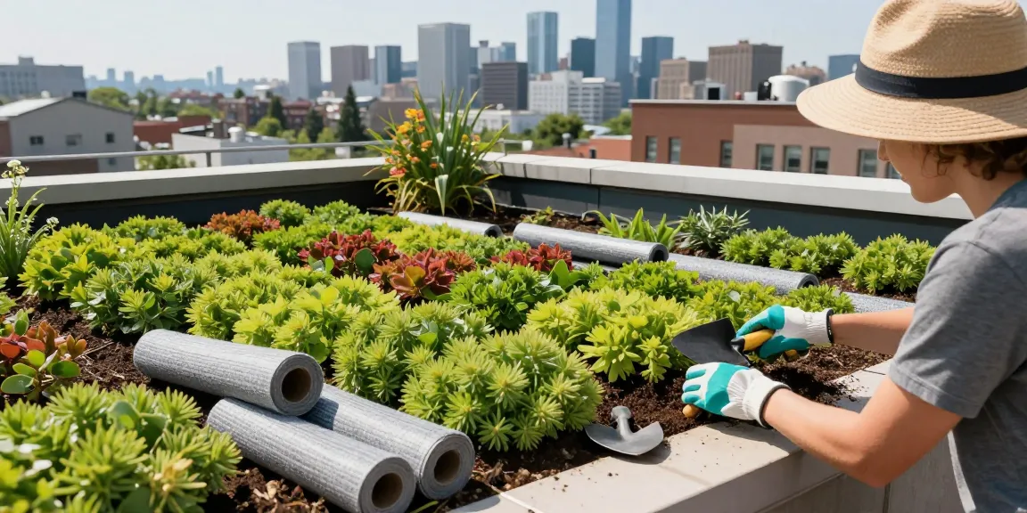 Installation von Wurzelschutzfolie Dachbegrünung mit Sedum-Pflanzen in einem Dachgarten.