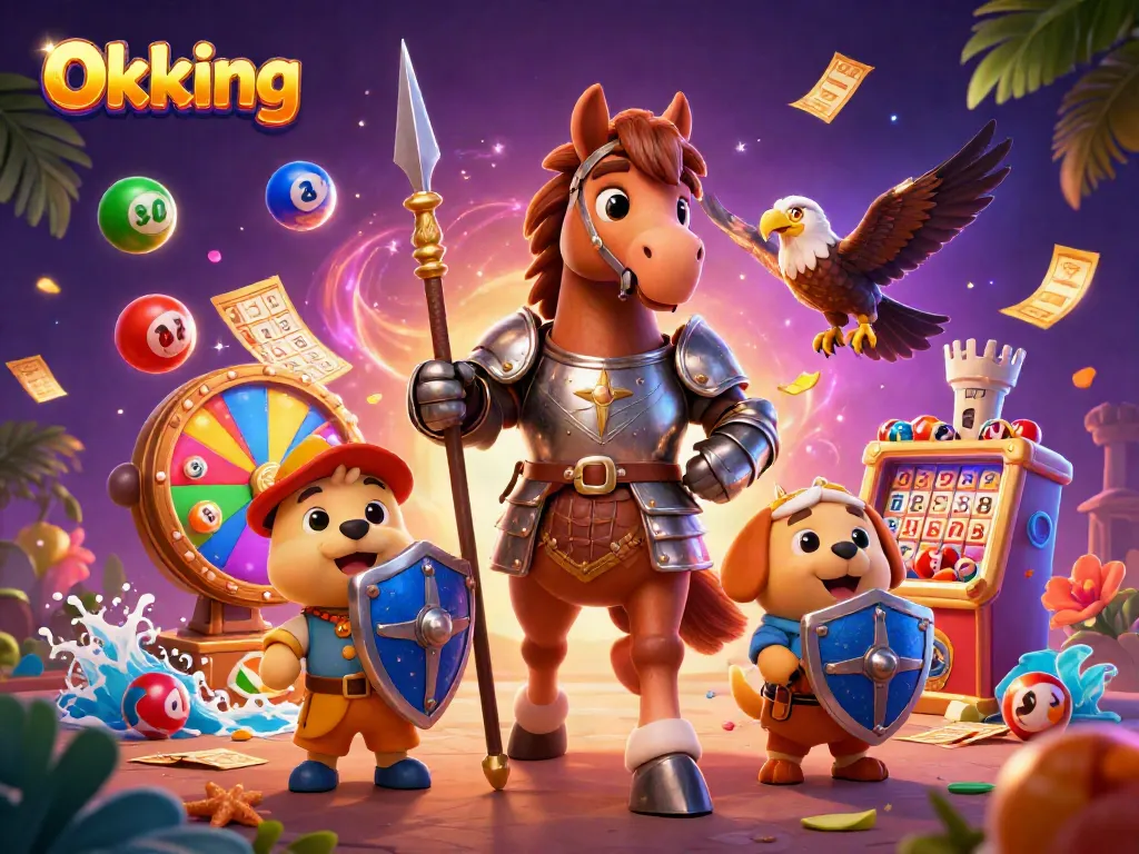 Engage in thrilling gaming at Okking featuring colorful dynamic lottery elements and medieval characters.