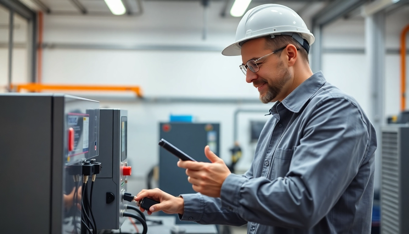 Ingenieur führt eine DGUV V3 Prüfung an einem elektrischen Gerät in einer modernen Werkstatt durch.