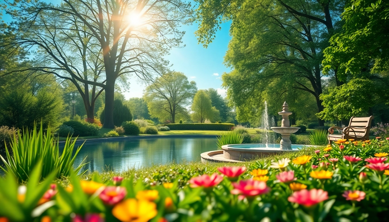 Emotional wellbeing illustrated through a serene garden landscape with vibrant flowers and calming water features.