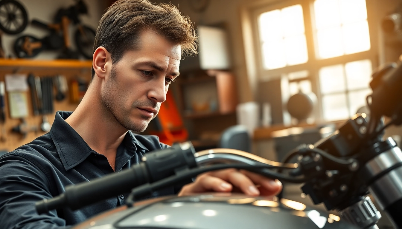 Motorrad Gutachter assesses a motorcycle with focus and precision in an expert workshop.