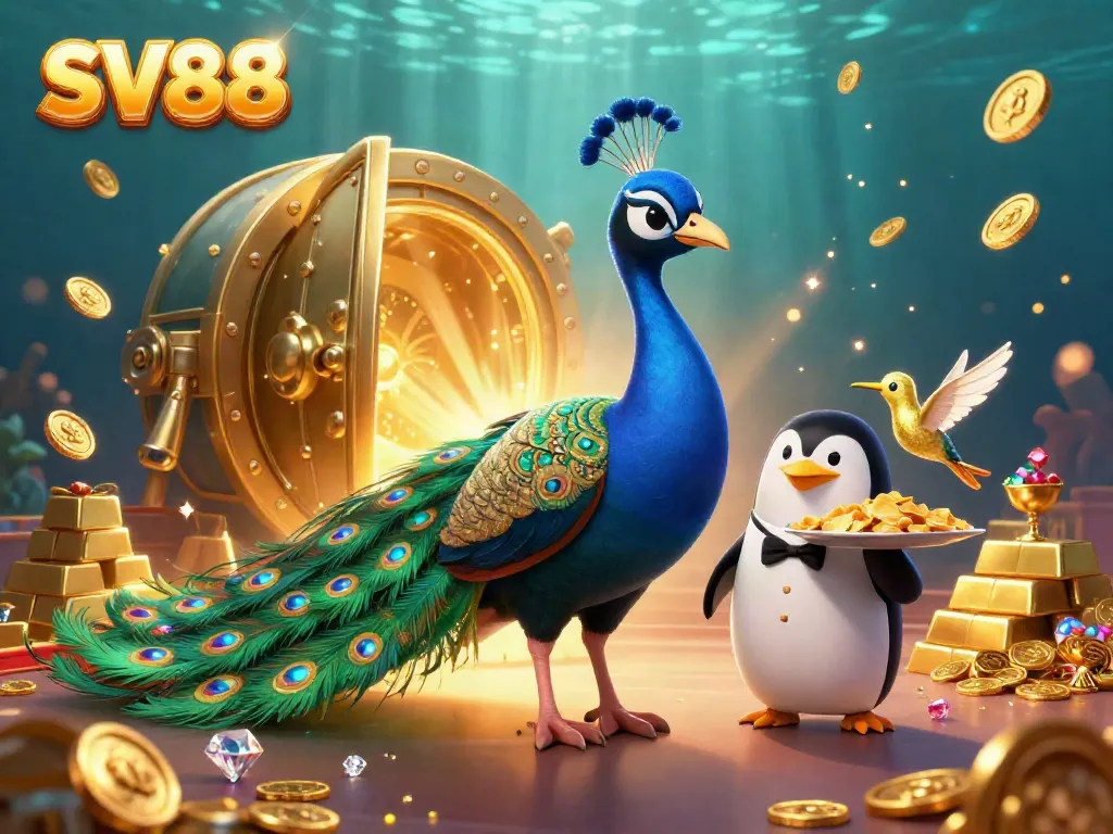 Engage with SV88's vibrant online casino, featuring a peacock and penguin amidst golden treasures.