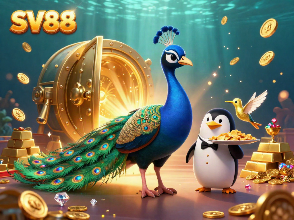 Engage with SV88's vibrant online casino, featuring a peacock and penguin amidst golden treasures.