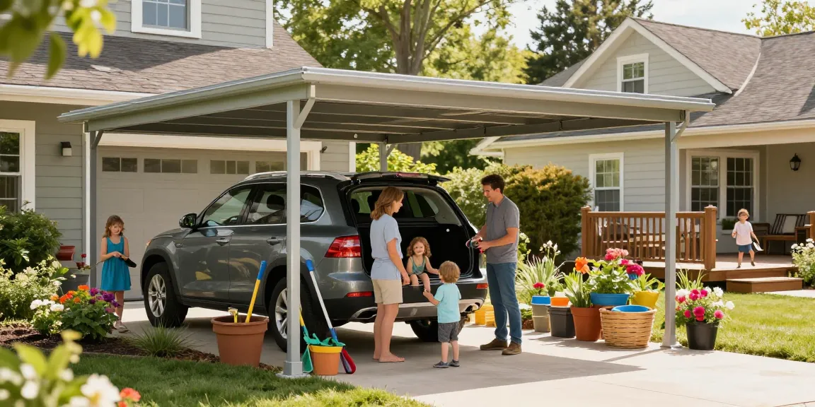 Schönes Carport, unter dem eine Familie versammelt ist, mit einem Fahrzeug, umgeben von Gartenblumen und Werkzeugen.