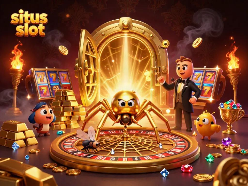 Experience the thrill of situs slot with a golden spider and centipede at a bustling online casino.