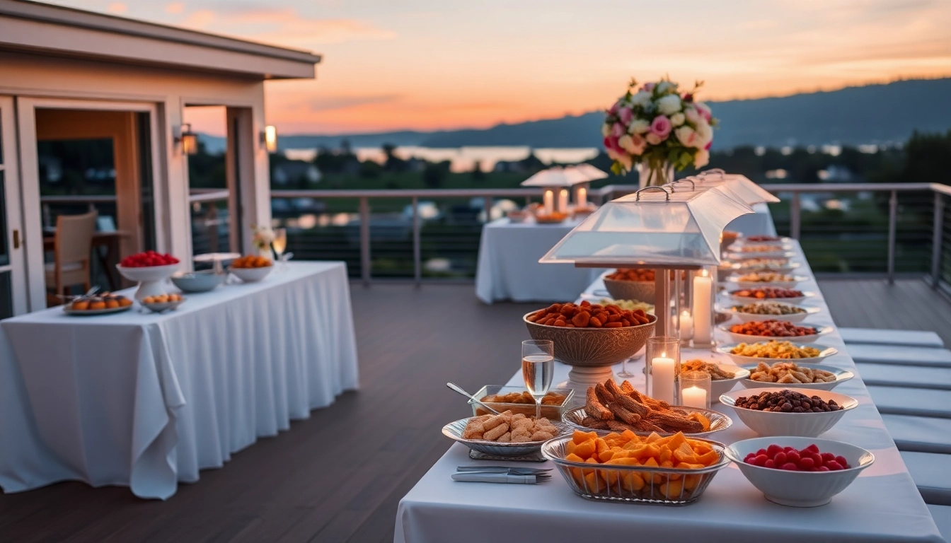 Catering-Setup mit einem eleganten Buffet und einer Auswahl an frischen, farbenfrohen Speisen auf einem Deck im Freien.