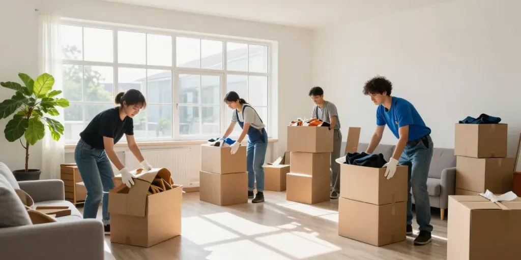 Professionelles Team bei der Wohnungsauflösung Berlin Lichtenberg, das Möbel und persönliche Gegenstände packt.
